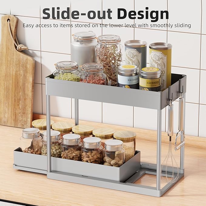 Simple Trending Under Sink Organizer 2 Pack, Sink Pull-Out Sliding Storage Cabinet, 2-Tier Under Shelf Organizer for Kitchen Bathroom, Grey - Image 4