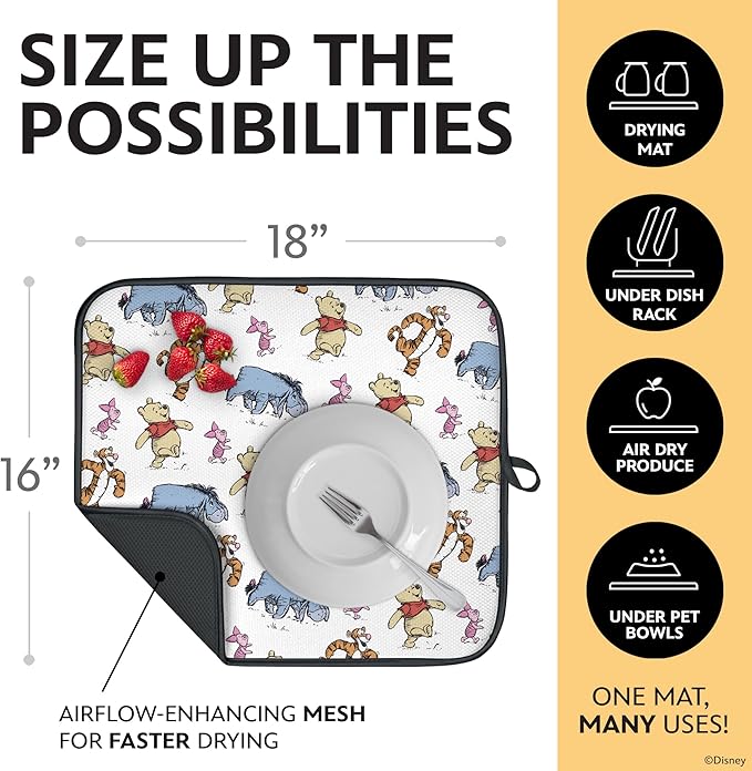 Disney Dish Drying Mats for Kitchen Counter (2 Pack) – 16" x 18" Absorbent Kitchen Drying Mats for Dishes – Mickey & Minnie, Winnie the Pooh, & Stitch Dish Mats - Image 3