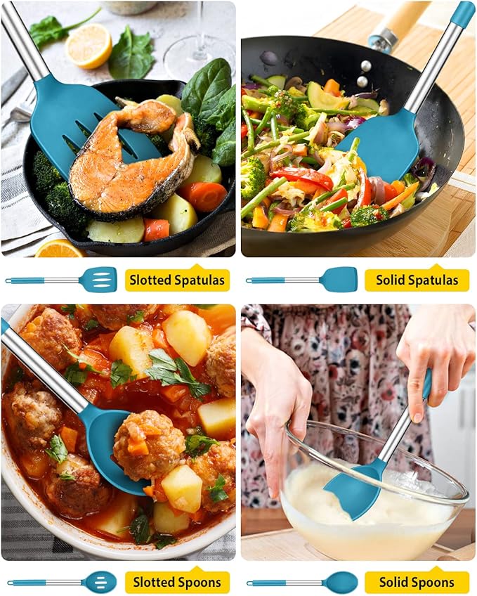 Pack of 4 Silicone Cooking Utensils Set, Non Stick Large Solid Spatulas, Heat Resistant Blue Slotted Spoons, Ideal BPA Free Kitchen Turners for Frying, Mixing,Serving,Draining,Turning,Stirring - Image 3