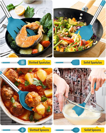 Pack of 4 Silicone Cooking Utensils Set, Non Stick Large Solid Spatulas, Heat Resistant Blue Slotted Spoons, Ideal BPA Free Kitchen Turners for Frying, Mixing,Serving,Draining,Turning,Stirring - Image 3