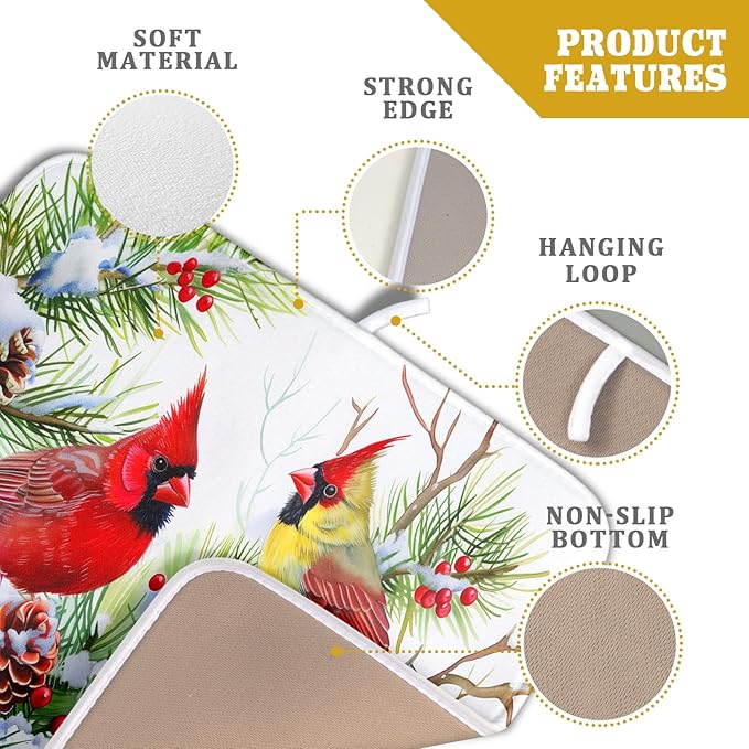 Giwawa Red Birds Dish Drying Mat, Xmas Tree Branch Holly Red Berries Dish Drainer Mats, Winter Snow Pine Cones Reversible Dish Drying Rack Pad Protector for Kitchen Countertop Decor, 16"x18"