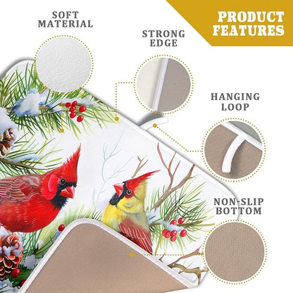 Giwawa Red Birds Dish Drying Mat, Xmas Tree Branch Holly Red Berries Dish Drainer Mats, Winter Snow Pine Cones Reversible Dish Drying Rack Pad Protector for Kitchen Countertop Decor, 16"x18"
