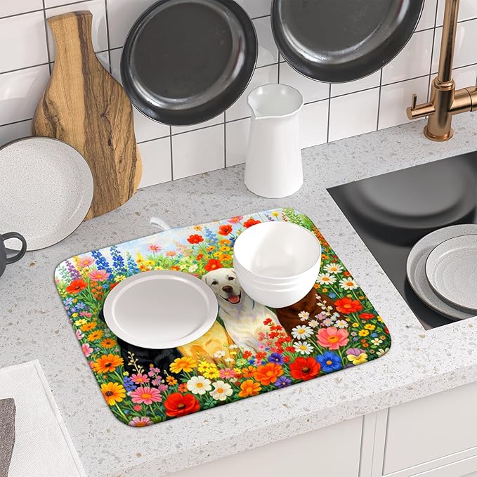 Flower Dog Dish Drying Mat Spring Floral Microfiber Absorbent Dish Drying Pad for Kitchen Counter - Image 6