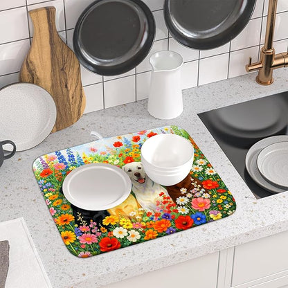 Flower Dog Dish Drying Mat Spring Floral Microfiber Absorbent Dish Drying Pad for Kitchen Counter - Image 6
