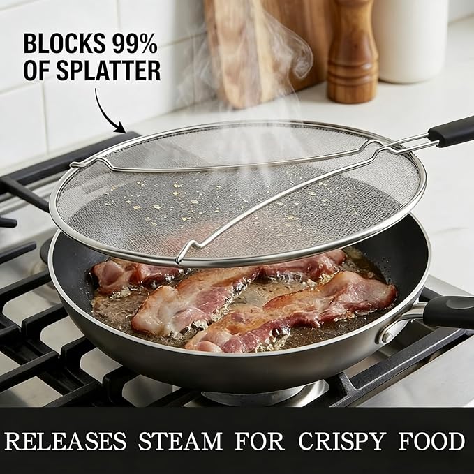 Splatter Screen for Frying Pan 13 Inch - Stainless Steel Grease Splatter Guard - Oil Splash Guard & Fine Mesh Cover for Cooking Bacon, Fried Chicken & Popcorn - Image 3