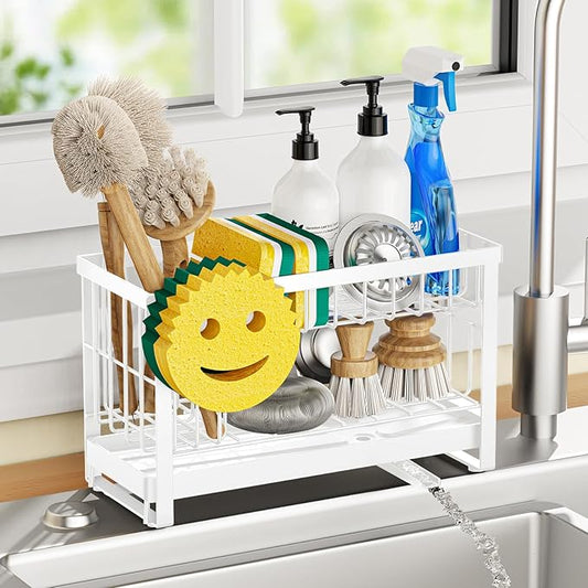 Sponge Holder for Kitchen Sink with Flexible Sponge Holder Smiley Face,2 Tier Kitchen Sink Organizer Countertop and Storage Essentials,Soap Dispenser Organize,Home Decor Accessories-White by Unknown