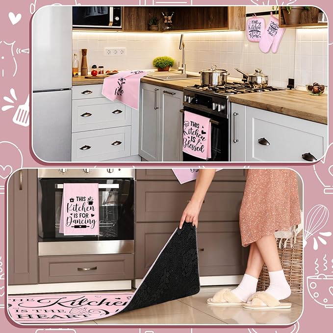 Fourluoo 10 Pcs Farmhouse Kitchen Decor and Accessories Set 4 Kitchen Towels 2 Pot Holders 2 Oven Mitts 2 Rugs for Cooking Baking Mom Housewarming Gifts(Pink,Classic Style) - Image 6