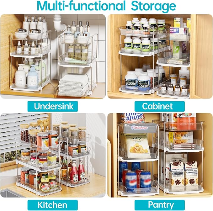 Delamu 2 Sets of 3-Tier Bathroom Under Sink Organizers and Storage, Multi-Purpose Stackable Pantry Organization and Storage, Pull Out Clear Kitchen Bathroom Cabinet Organizer with Movable Dividers | Storage, Multi-Purpose, Stackable, Pantry Organizatio... - Image 4