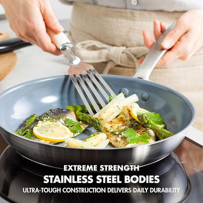 GreenPan Treviso 9.5” and 11” Frying Pan skillet Set, Non-Toxic PFAS-Free Stainless Steel Ceramic Nonstick Coating, Induction Suitable, Multi Clad, Pouring Rims, Dishwasher & Oven Safe to 600°
