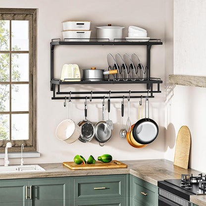 CHOEZON Pot Rack, Wall Mounted Pan Holder, 2-Tier Pot and Pan Organizer, Pot Hanger with 10 S-Shaped Hooks, Cookware Organizer with 5 Removable Metal Wire Dividers, Black TPR35BB - Image 2