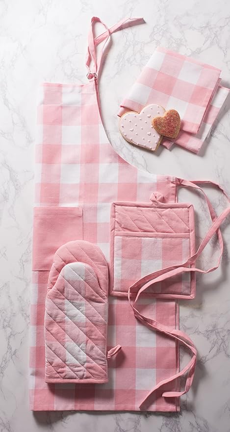 DII Buffalo Check Kitchen Collection, Classic Farmhouse Kitchen Set, Oven Mitt, Pink &White, 2 Piece