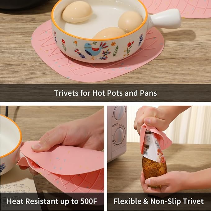 4 Pieces Oven Mitts of Macaron Color Thickened Non-Slip Silicone Kitchen Gloves, Heat Resistant up to 750F, Essential for Kitchen Baking (Pink) - Image 6