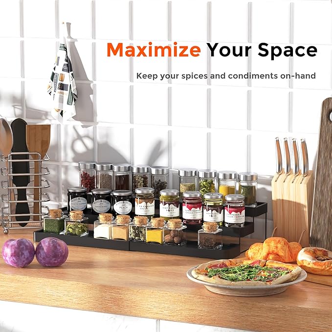 2 Pack Expandable Spice Rack Organizer for Cabinet - 3 Tier Adjustable Cabinet Spice Organizer Easy Visibility - Spice Organizer for Cabinet Countertop Cupboard Pantry Organization (Black) - Image 5