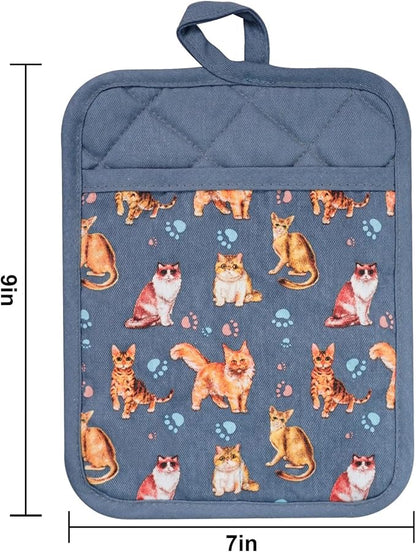 Pot Holders Set of 2 Heat Resistant 480 ℉Non Slip Clear Silicone Printed Comfortable Cotton Lining Kitchen Women Men Cooking Baking Microwave Machine Washable (Cat, Grey potholders)