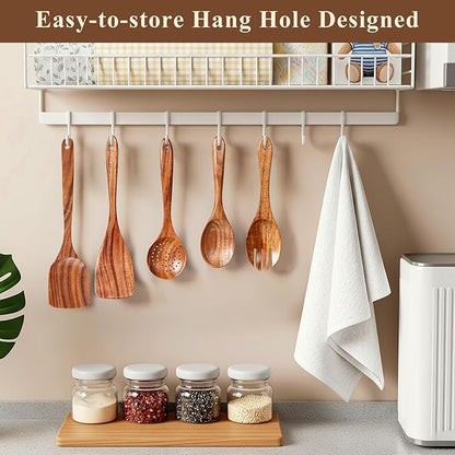 Wooden Spoons for Cooking, 12 Pcs Teak Wood Kitchen Utensils Set with Spoon Rest - Nonstick Heat Resistant Wooden Cooking Utensils, Natural Healthy Spatula Set for Pots and Pans - Image 8