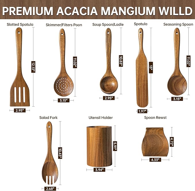 Wooden Utensil Set 8 Pcs - Natural Non-Toxic Acacia Wooden Spoons for Cooking, Nonstick, Sturdy, Non-Scratch, Easy to Clean, Wood Kitchen Utensils Set with Holder, Spoon Rest & 6 Hooks - Image 5