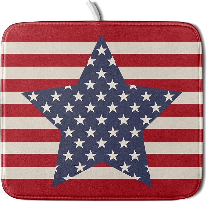 Blue Star Patriotic July of 4th Dish Drying Mat for Kitchen Counter 16x18 Independence Day Red Striped Absorbent Reversible Microfiber Drying Mats Kitchen Countertop Protector Dishes Drainer Rack Pad by Aytipun