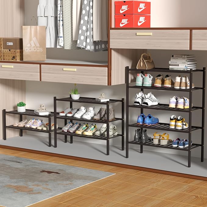 ROMGUAR CRAFT 4 Tier Bamboo Shoe Rack for Closet Free Standing Wood Shoe Shelf for Entryway Small Space Stackable 27"x11"x26" (Brown) - Image 4