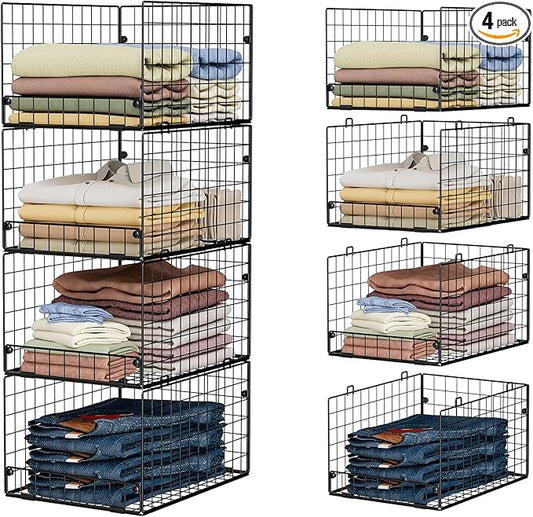 4-Tier Stackable Closet Organizers and Storage Shelves, Foldable Closet Shelf Organizer System, Stackable Storage Bins Drawers for Closet Organizer System, Black(Patent 30022416, 15.7"x11.8"x34.64") by FollowWithYociyogaTogether