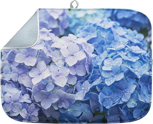Sanwarm Absorbent Dish Drying Mat, Blue Purple Hydrangea Flower Microfiber Pad for Kitchen Counter, Coffee Bar Decor, Heat Resistant and Reversible, 16" x 18"