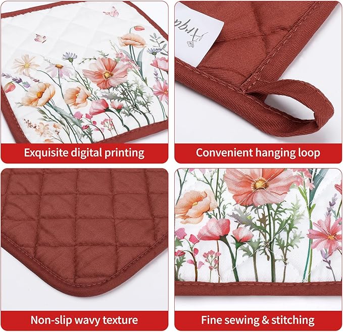 Pink Floral Oven Mitts and Pot Holders Sets 4Pcs, 100% Cotton Heat Resistant, Extra Long Oven Gloves Potholder for Kitchen Cooking Baking Decoration, Housewarming Gifts for Mom - Image 3