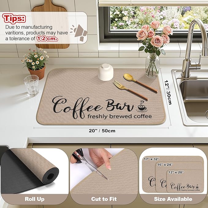 Findosom Dish Drying Mat, 12"x 20" Super Absorbent & Hide Stain Coffee Mat, Cuttable Drying Mat for Kitchen Counter, Coffee Bar Accessories, Under Dish Rack, Coffee Maker, Espresso Machine, Linen - Image 2