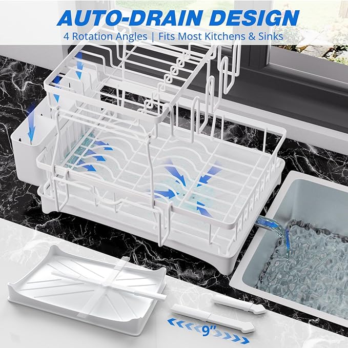 Godboat Dish Drying Rack, 2-Tier Dish Rack with Auto-Drain & Mat, Dish Racks for Kitchen Counter, Dish Drainer with Knife, Fork & Cup Rack, Gifts for Women, Mothers Day, Kitchen Gadgets, White - Image 3