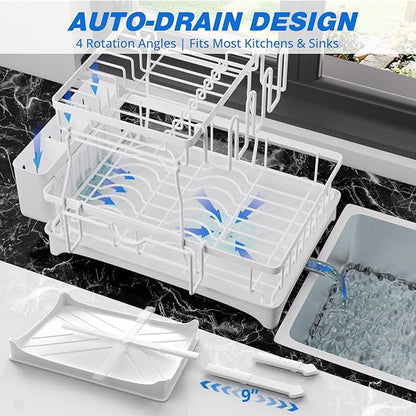 Godboat Dish Drying Rack, 2-Tier Dish Rack with Auto-Drain & Mat, Dish Racks for Kitchen Counter, Dish Drainer with Knife, Fork & Cup Rack, Gifts for Women, Mothers Day, Kitchen Gadgets, White - Image 3