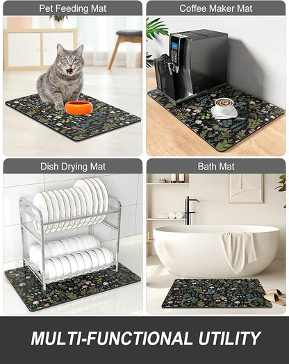 Rnivvi Dish Drying Mat for Kitchen Counter, XL 15 x 24" Cute Flower Theme Super Absorbent Drainer Pad, Non-Slip Heat Resistant Coffee Bar Mat for Coffee Machine Station Accessories,Black Dish Rack Pad - Image 7