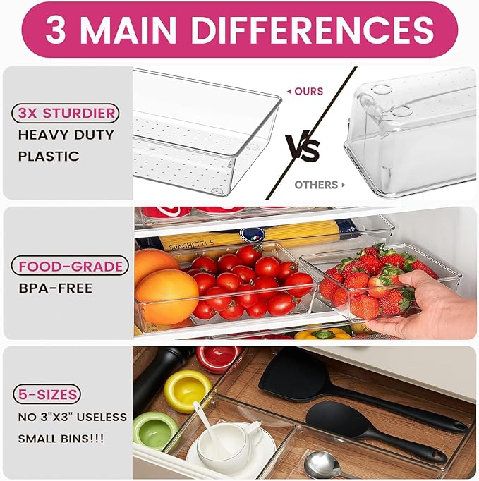 Criusia Large Drawer Organizer Bins 26 Pack | Complete 5 Size Clear Plastic Kitchen Drawer Organizers for Utensils | Bathroom Drawer Organizer Trays | Versatile for Makeup Office Organization - Image 5