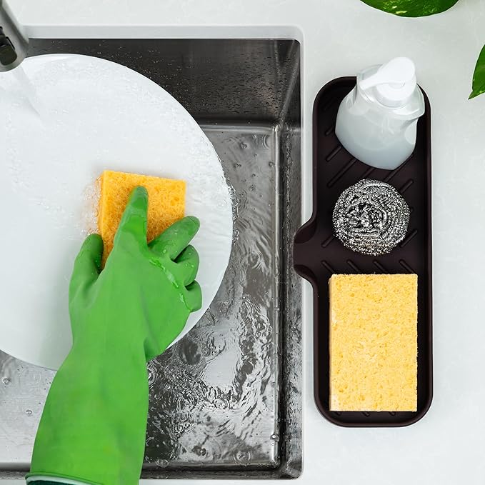 Zulay Kitchen Large Silicone Sponge Holder (12x4) – Flexible Sink Organizer Tray for Kitchen & Bathroom – Multipurpose Soap Dish for Sponges, Makeup, Trinkets & More (Chocolate) - Image 3