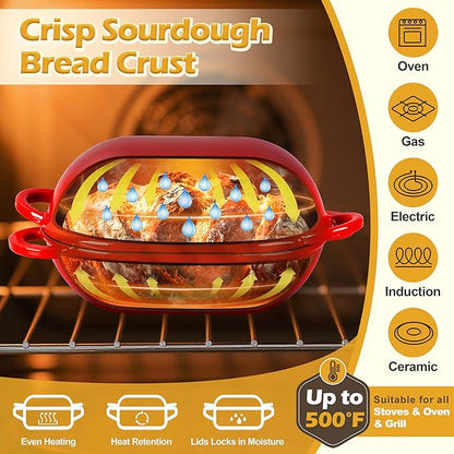 Homikit Enameled Cast Iron Dutch Oven for Bread Baking, 2.8 QT Oval Bread Oven Pot with Lid, 9.5 x 5.7 Inch Sourdough Loaf Baking Pan for Homemade Bread, Heavy Duty & Oven Safe, Red