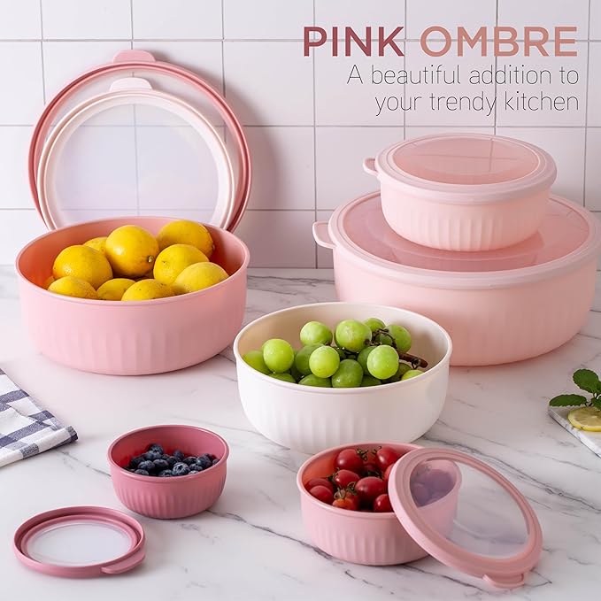 COOK WITH COLOR Prep Bowls with Lids- Wide and Deep Nesting Plastic Small Mixing Bowl Set with Lids, 12 Piece Set - Wide Bowls, Pink - Image 4