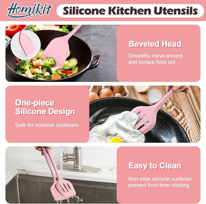 Homikit 15-Piece Kitchen Utensil Set, Silicone Cooking Utensils Spatula Set with Holder for Nonstick Cookware, Heat Resistant Kitchen Tools Gadgets for Cooking and Baking-Pink - Image 8