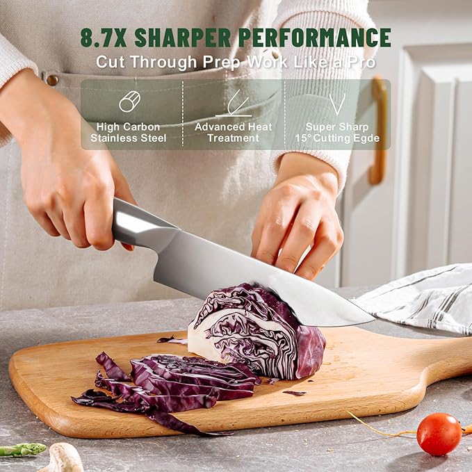 Knife Set, EWFEN 14-Piece Kitchen Knife Set with Block, German Stainless Steel Knives with Built-in Knife Sharpener, Anti-Slip Sharp Knives Set for Kitchen, Dishwasher Safe, Curved Handle - Image 4