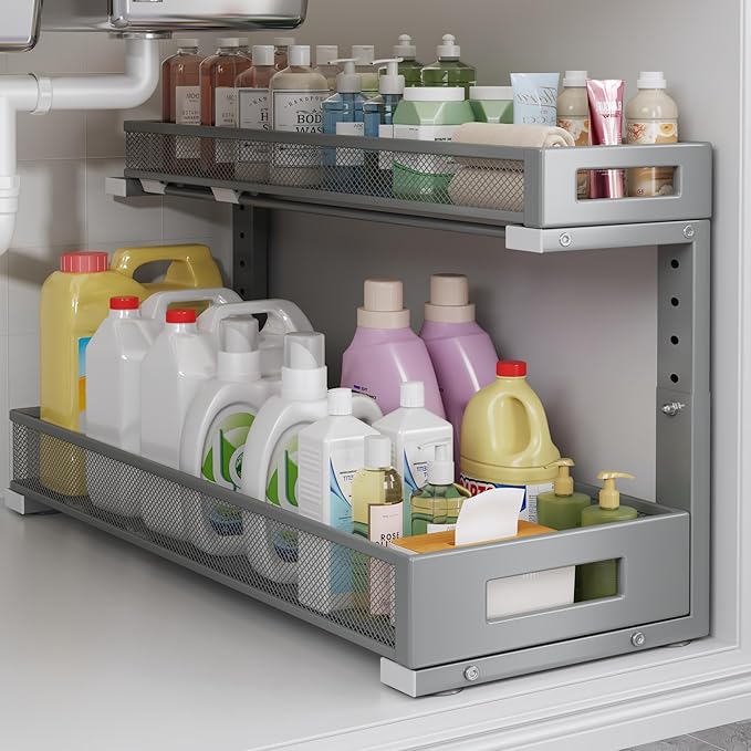 1 Pack 20.47IN Depth Under Sink Storage Organizer, Large 2-Tier Elegant Mesh Pull Out Shelf for Kitchen and Bathroom Cabinet Organization, L-Shaped and Adjustable Height Design-Gun Gray by UnderSinkOrganizer