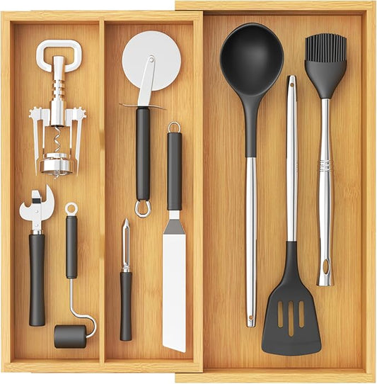 Lifewit Utensil Organizer for Kitchen Drawer, Expandable Cooking Utensil Tray, Cutlery Silverware Flatware Holder, Wood Adjustable Spatula Tools Storage Divider, 8.9-15.8 x 15.75, Natural