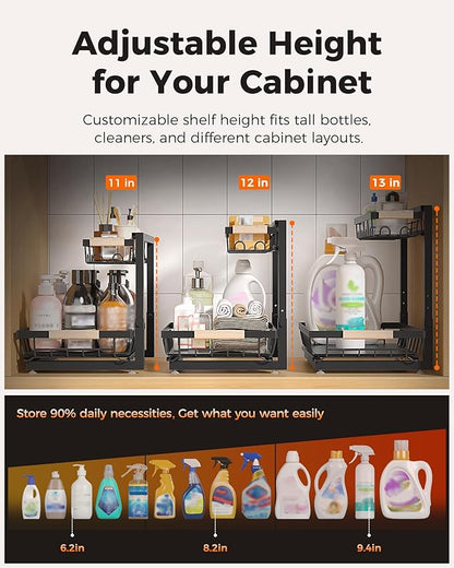 Sevenblue 3 Pack Under Sink Organizer, Height Adjustable 2 Tier Pull-Out Metal Under Kitchen Sink Organizer, Multi-Purpose Storage Shelves for Kitchen Bathroom Cabinet
