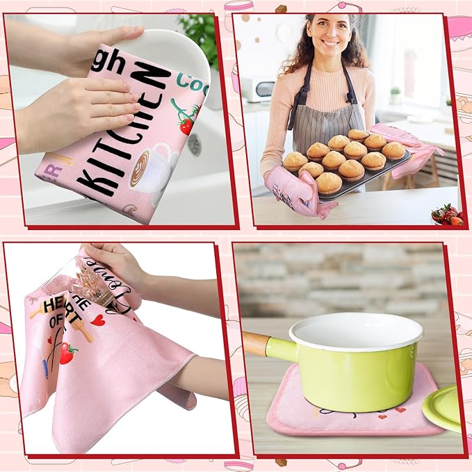 Leinuosen 8 Pcs Kitchen Towels and Oven Mitts Sets Pot Holders Dishcloths Set Kitchen Decorative Accessories Absorbent Potholders Heat Resistant for Chef Baking Cooking(Pink,Food) - Image 6