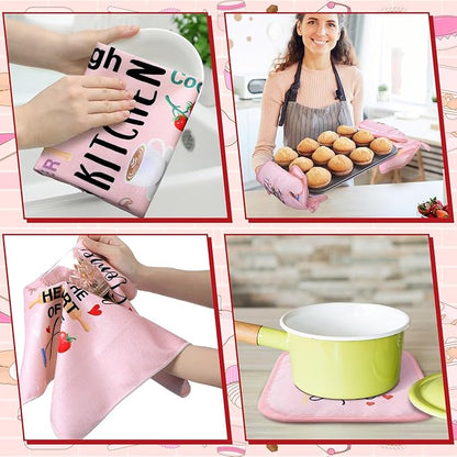 Leinuosen 8 Pcs Kitchen Towels and Oven Mitts Sets Pot Holders Dishcloths Set Kitchen Decorative Accessories Absorbent Potholders Heat Resistant for Chef Baking Cooking(Pink,Food) - Image 6