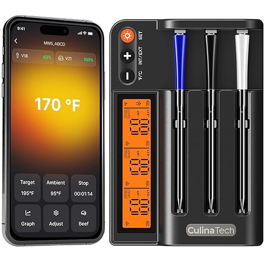 750ft Wireless Meat Thermometer Long Range for Smoker, BBQ & Rotisserie, 3 Probes Smart Bluetooth Thermometer Dual Sensor Waterproof Probe with LCD Base Station Display & App Control by CulinaTech