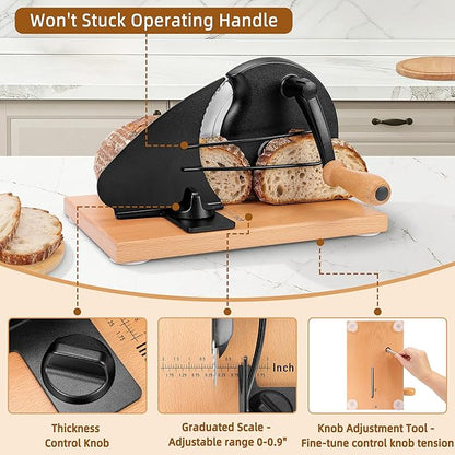 CAWIU Upgraded Manual Bread Slicer for Homemade Sourdough Bread - Adjustable Thickness Bread Cutter with Hand Crank, Suction Cups, Slicing Guide, Scale Line & Cover, for Perfect Even Slices (Black)