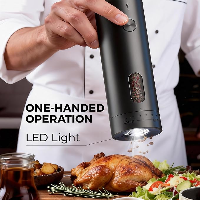 110ml Electric Salt and Pepper Grinder Set, Rechargeable salt and pepper shakers with LED Light, 2-Pack with Charging Base, External 6 Adjustable Coarseness, Holiday Gifts