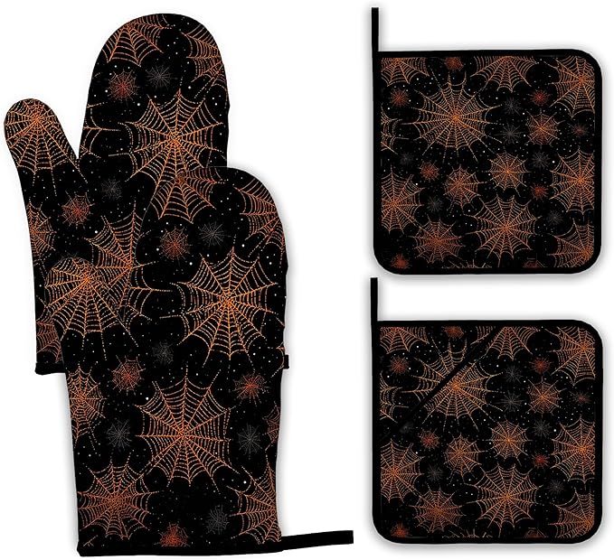 Halloween Oven Mitts and Pot Holders Set,Spider Web Kitchen Decor Heat Resistant Non Slip Hot Pads and Oven Mitt for Chef Cooking Baking BBQ Mom Girl Gifts(4 Piece Set)