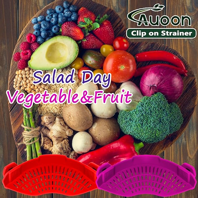 AUOON Clip On Strainer Silicone for All Pots and Pans, Pasta Strainer Clip on Food Strainer for Meat Vegetables Fruit Silicone Kitchen Colander (Purple) - Image 5