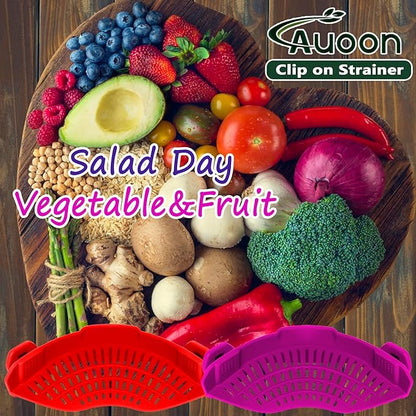 AUOON Clip On Strainer Silicone for All Pots and Pans, Pasta Strainer Clip on Food Strainer for Meat Vegetables Fruit Silicone Kitchen Colander (Purple) - Image 5
