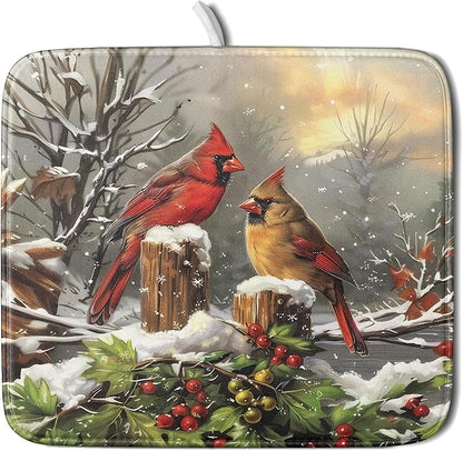 Winter Dish Drying Mat for Kitchen Counter 16x18 Inch Red Birds Cardinal Tree Christmas Theme Print Absorbent Reversible Microfiber Drying Mats Kitchen Countertop Protector Dishes Drainer Rack Pad by Aytipun