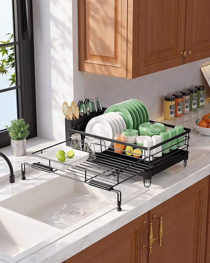Kitsure Extendable Dish Drying Rack - Rust-Resistant Dish Racks for Kitchen Counter with Adjustable Support Legs, Cutlery Holder & Removable Draining Tray (Black, 15.6''-25.2''L × 16.9''W × 8.1''H) - Image 8