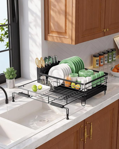 Kitsure Extendable Dish Drying Rack - Rust-Resistant Dish Racks for Kitchen Counter with Adjustable Support Legs, Cutlery Holder & Removable Draining Tray (Black, 15.6''-25.2''L × 16.9''W × 8.1''H) - Image 8
