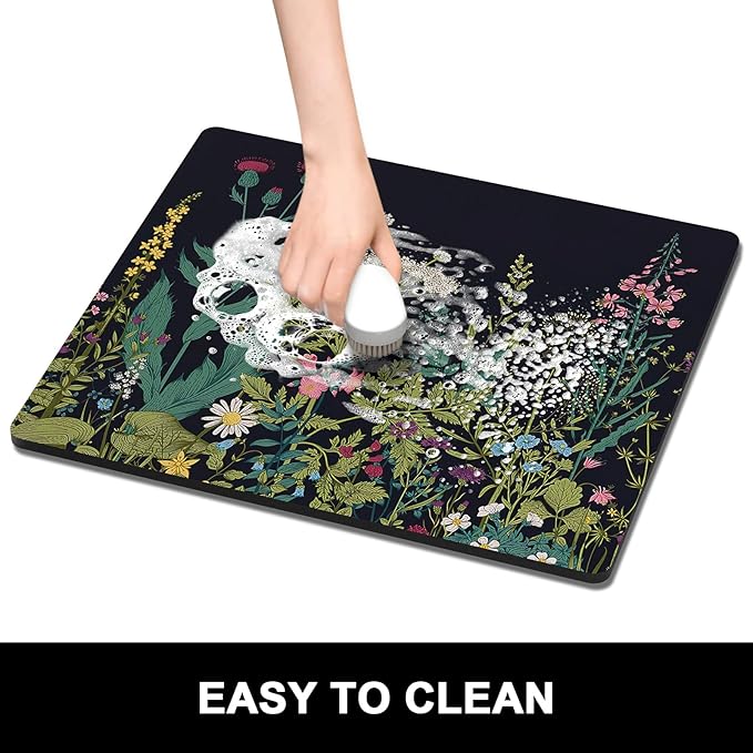 Rnivvi Dish Drying Mat for Kitchen Counter, 16 x 18" Cute Flower Theme Absorbent Heat Resistant Drying Pad with Non-slip Rubber, Coffee Bar Mats for Dish Rack Kitchen Decor Accessories, Black - Image 6